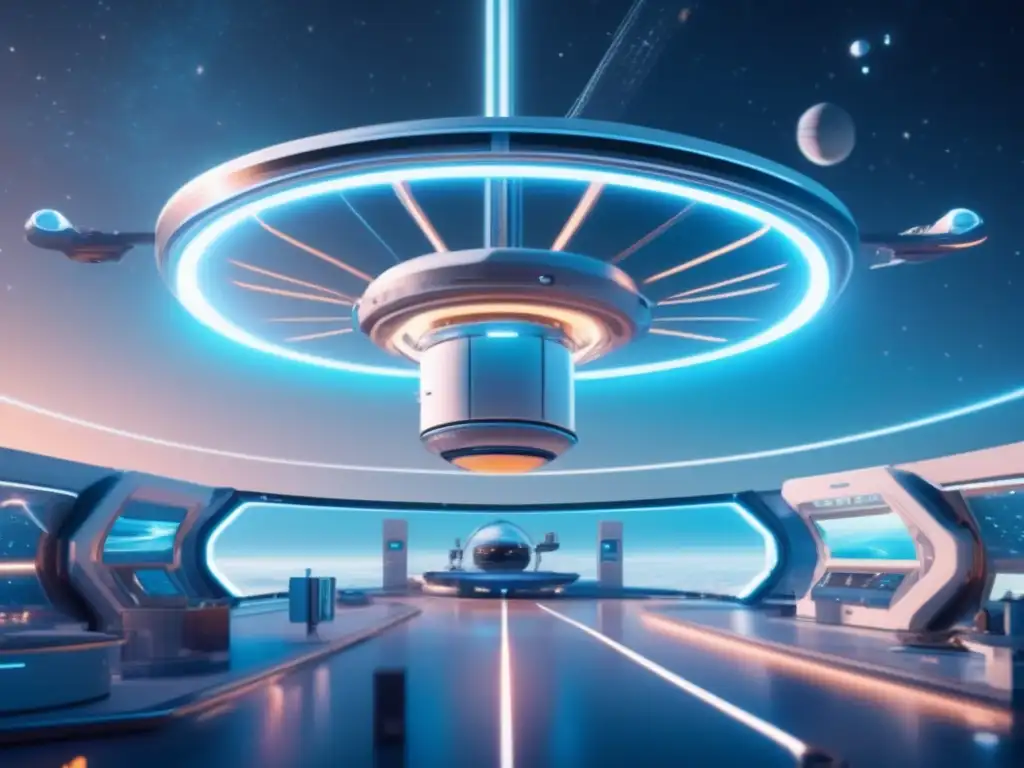 Espacio futurista con estación flotante y cultivo de microorganismos en espacio