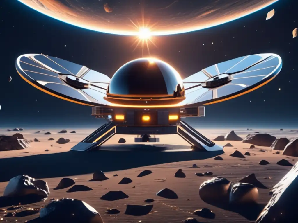 Espacio futurista con estación solar y asteroides: explorando asteroides como recursos