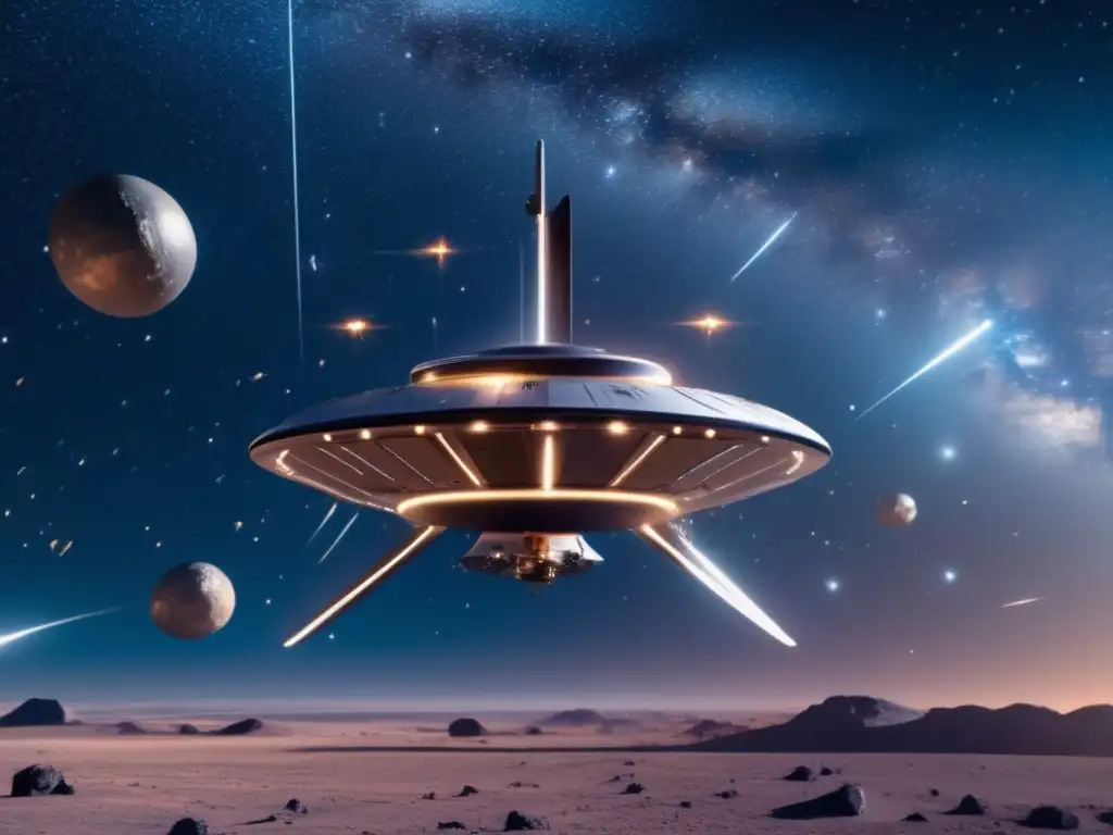 Espacio infinito con nave futurista y drones de minería autónoma