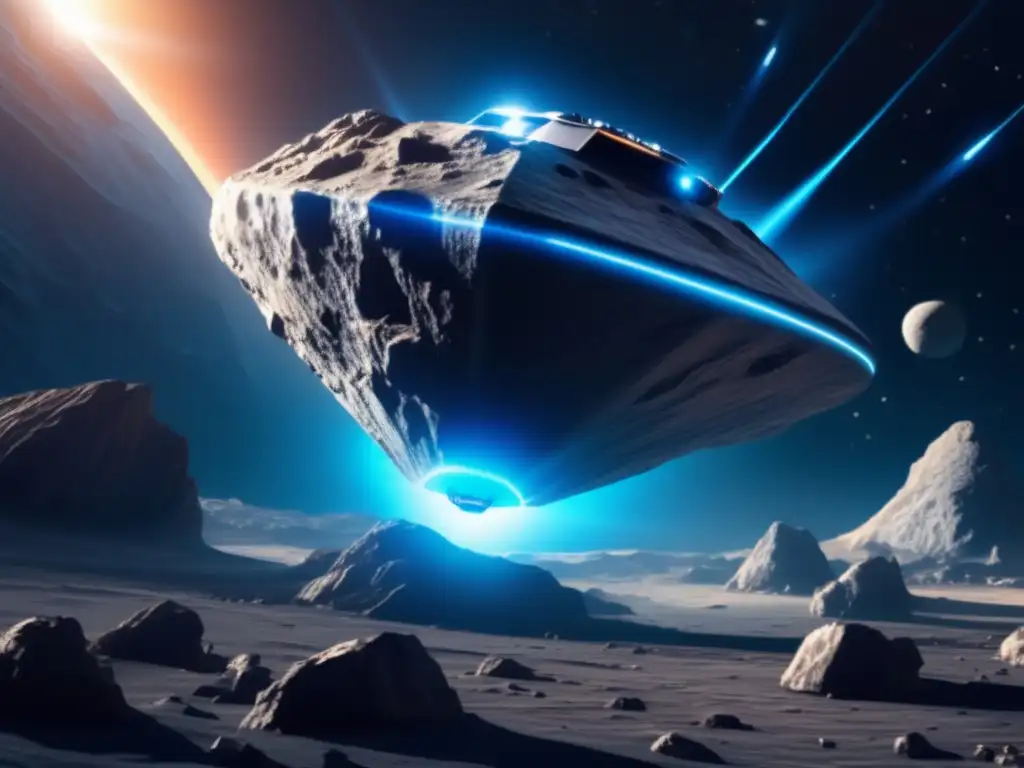 Nave espacial futurista sobre asteroide Espacio: Nave futurista sobre asteroide en el universo - Exploración de asteroides binarios