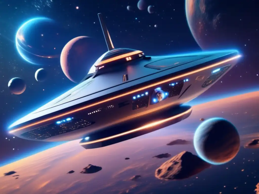 Espacio: Nave futurista flotando en nebulosa, rodeada de drones que estudian perturbaciones gravitatorias de asteroides en el sistema solar
