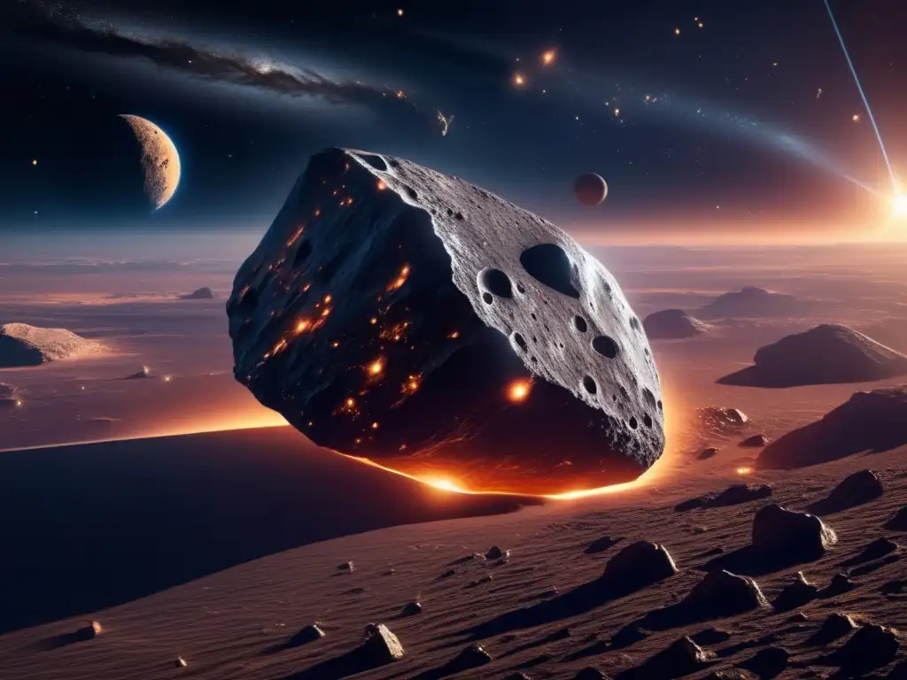 Espectacular imagen 8K del espacio con asteroide, nave futurista y leyes internacionales contaminación espacial asteroides