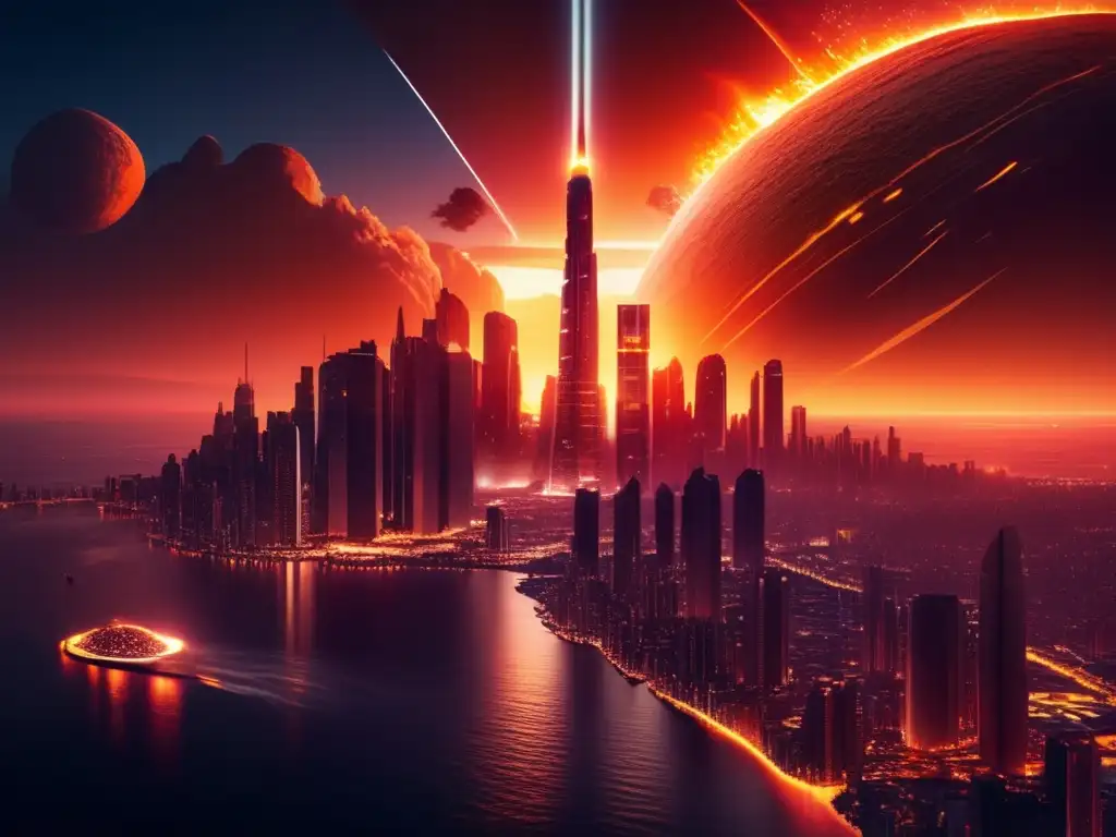 Ficción especulativa: Ciudad futurista al atardecer con rascacielos, asteroides y evacuación