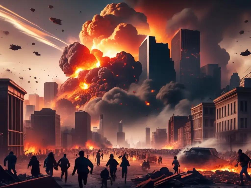 Ficción especulativa sobre impacto de asteroides: Ciudad caótica y destruida por impacto masivo, con edificios derrumbándose y escombros en llamas