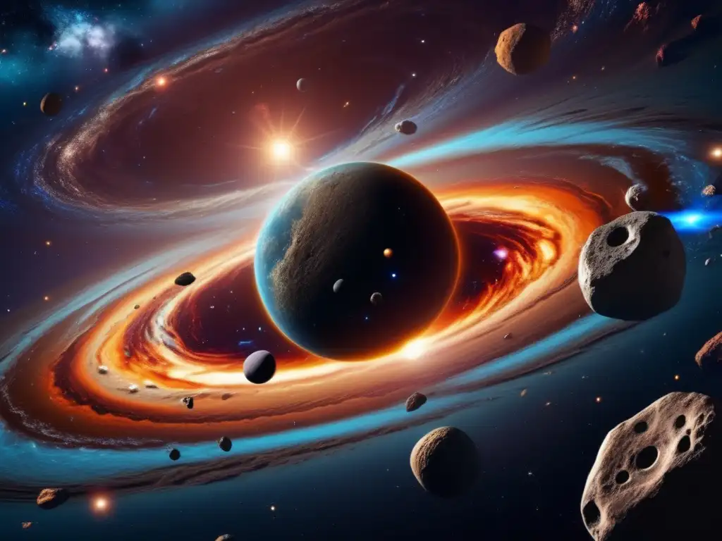Galaxia en espiral con asteroides que cambian de órbita