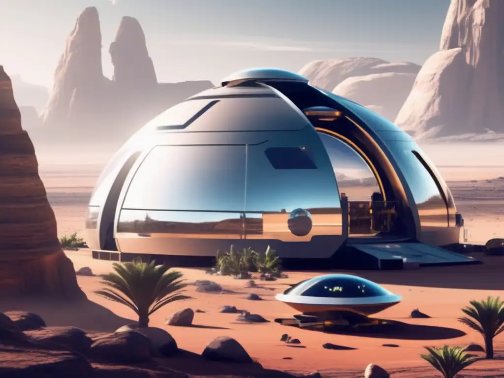 Una estación espacial futurista en el asteroide Oasis, rodeada de paisaje árido
