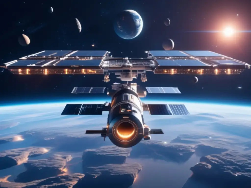 Una estación espacial futurista flota en el espacio, con una vista asombrosa de la Tierra