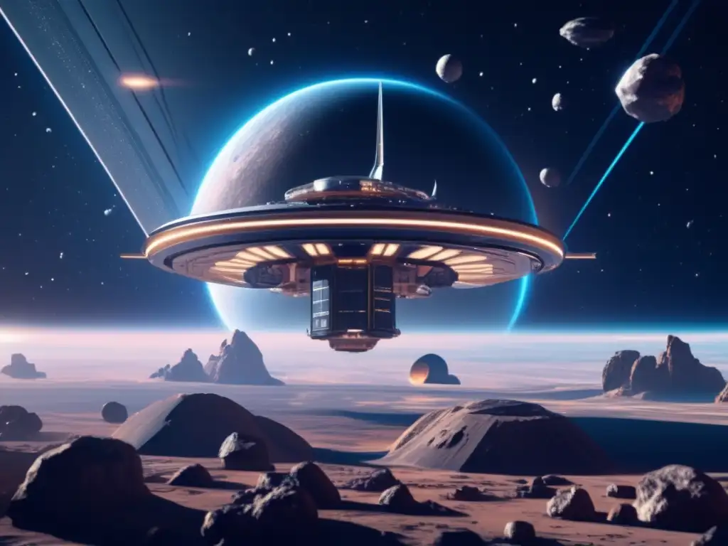 Una estación espacial futurista flota en el espacio rodeada de asteroides majestuosos y misteriosos