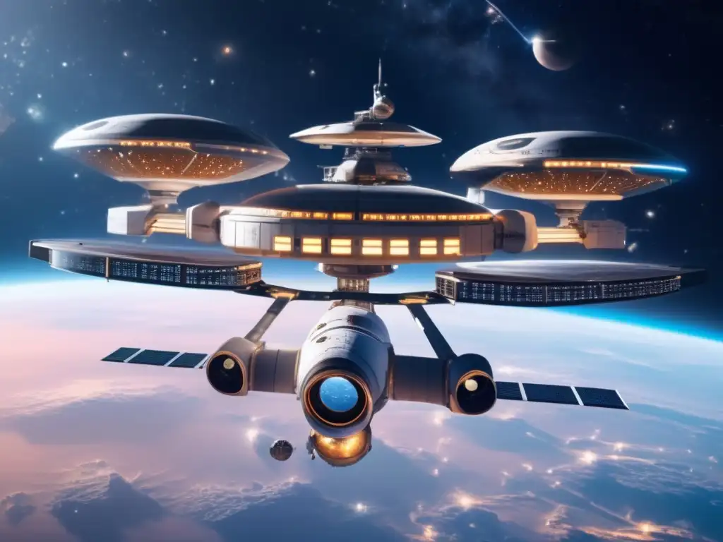 Una estación espacial futurista flota en el universo estrellado, simbolizando el progreso y la exploración espacial