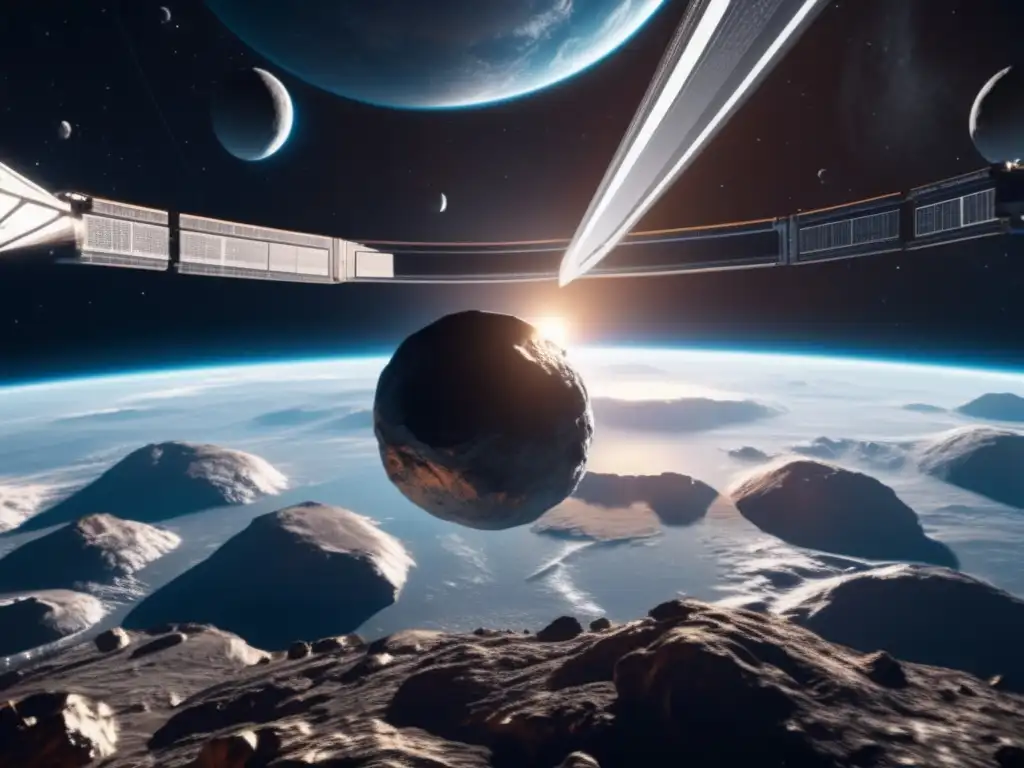 Una estación espacial futurista en órbita de un asteroide, con la Tierra de fondo