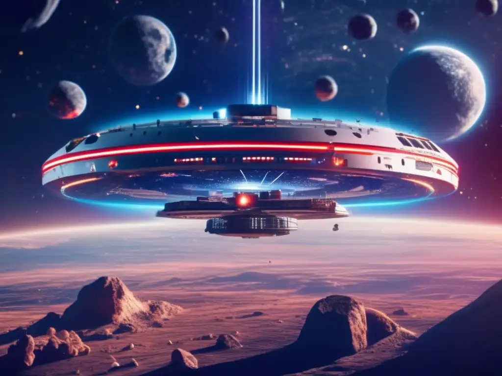 Una estación espacial futurista flotando sobre la Tierra, rodeada de asteroides brillantes