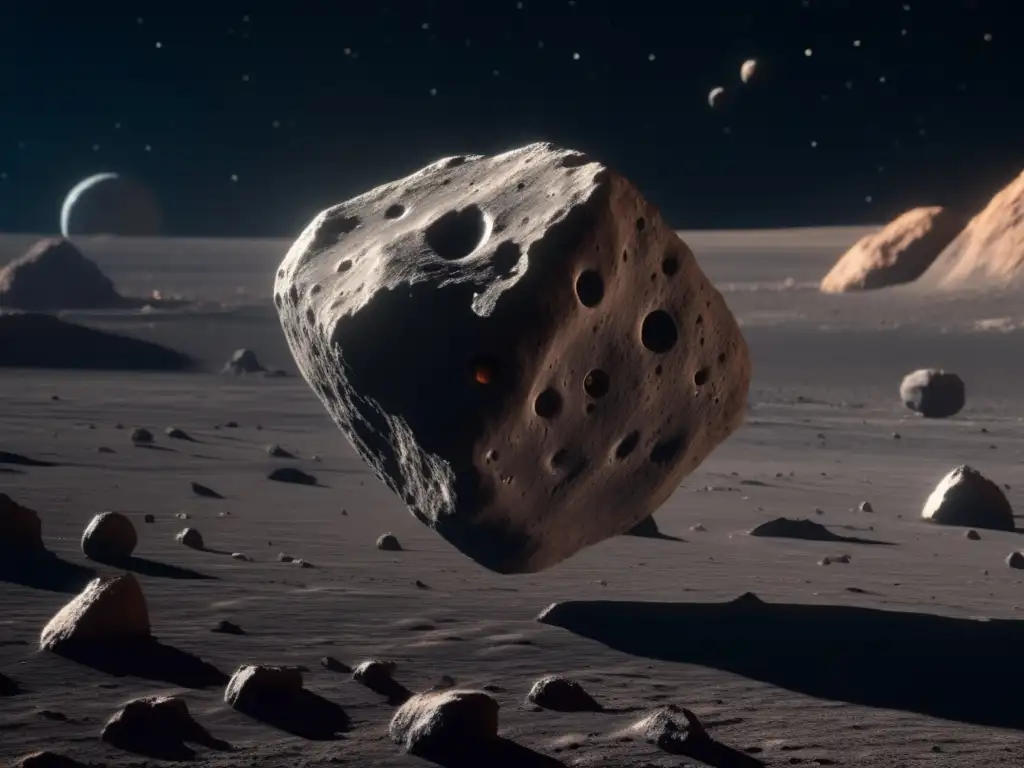 An asteroida estéril flota en el espacio, con su superficie rocosa y cráteres