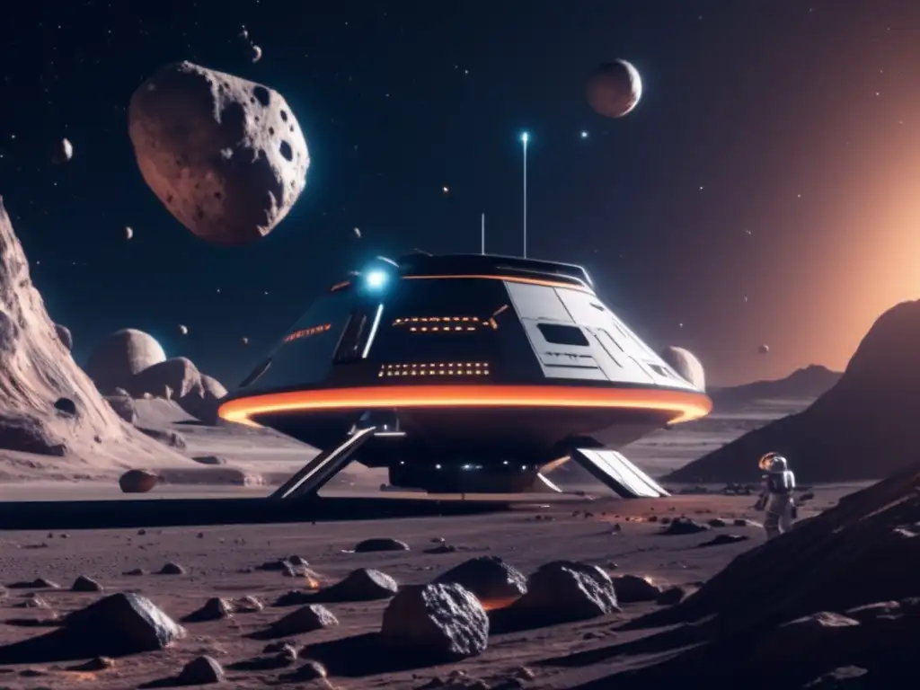 Estrategias comerciales en minería de asteroides: estación espacial futurista, mineros robóticos, recursos y tecnología avanzada