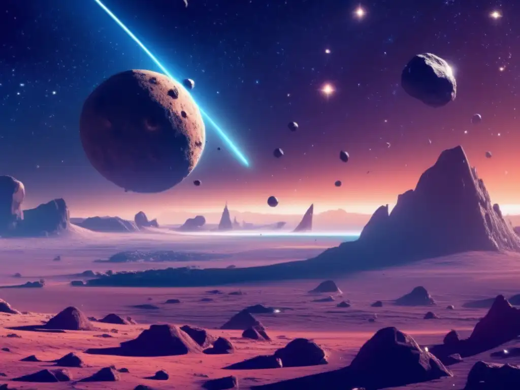 Estrategias comerciales minería asteroides en espacio con vista de asteroides flotando