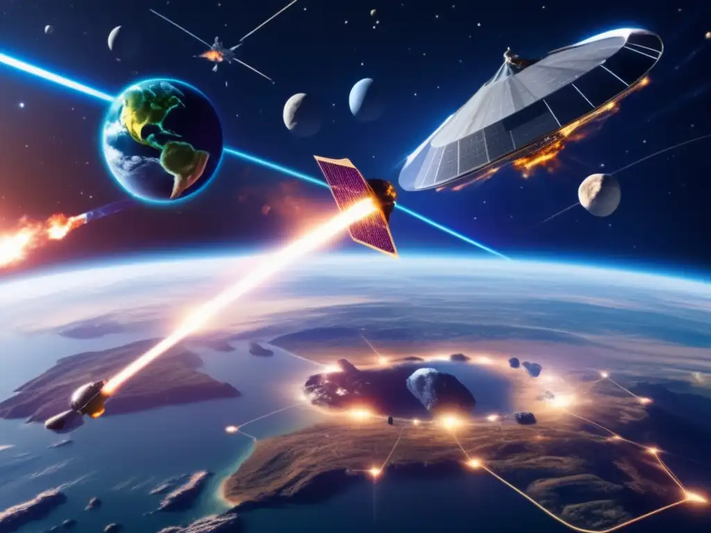Estrategias defensa global asteroides: Panorama espacial de defensa planetaria contra asteroide, con satélites hightech y láseres poderosos