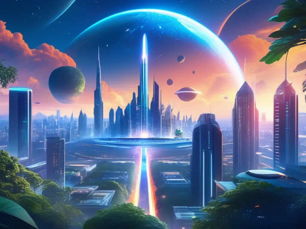 Estrategias defensa global, ciudad futurista bajo cúpula de cristal, árboles gigantes, asteroide amenazante, láseres defensivos