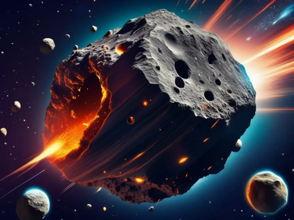 Estrategias de desviación para asteroides tipo C en imagen de asteroide y nave futurista