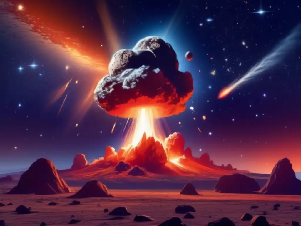 Estrategias de desvío de asteroides: cielo nocturno estrellado con asteroide en llamas y la Tierra en peligro