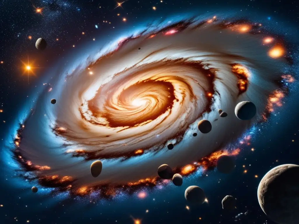 Galaxia espiral con estrellas, nebulosas y asteroides