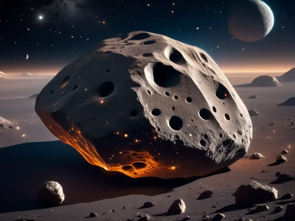Composición y estructura de asteroides: Imagen detallada de un asteroide en el espacio, con textura y composición rocosa, cráteres y fondo cósmico
