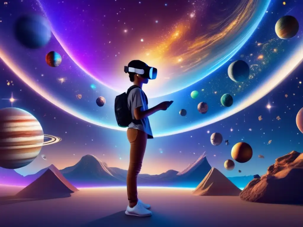 Estudiante con auriculares de realidad virtual en el espacio exterior