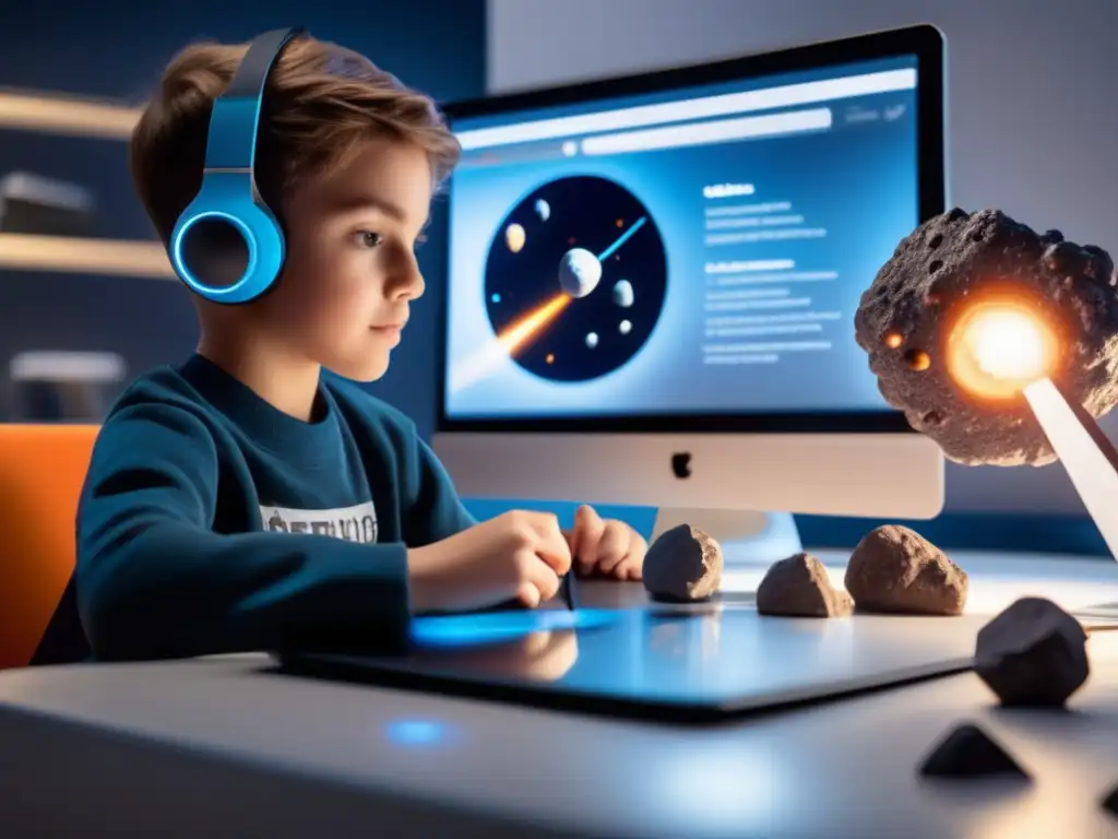 Estudiante explorando Kit educativo asteroides en casa
