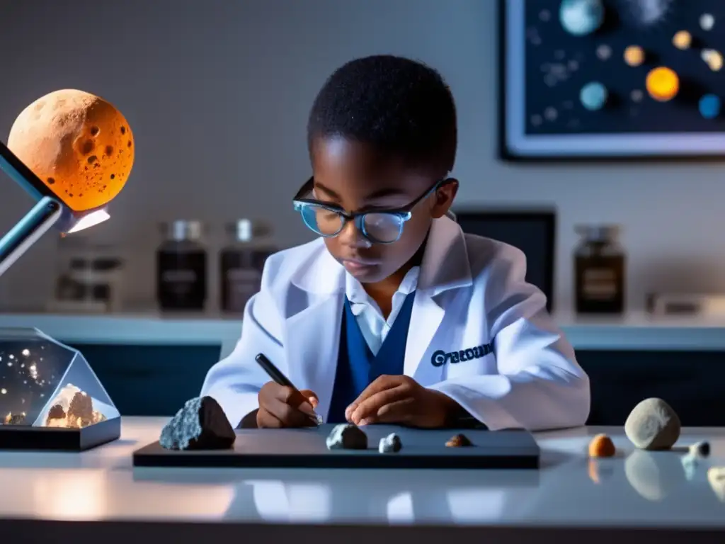 Estudiante explorando kit educativo de asteroides en casa