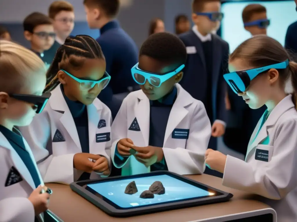 Estudiantes entusiastas explorando kits educativos de asteroides en una aula futurista