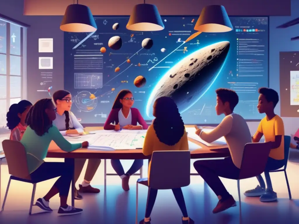 Estudiantes colaboran en proyectos escolares asteroides matemáticas