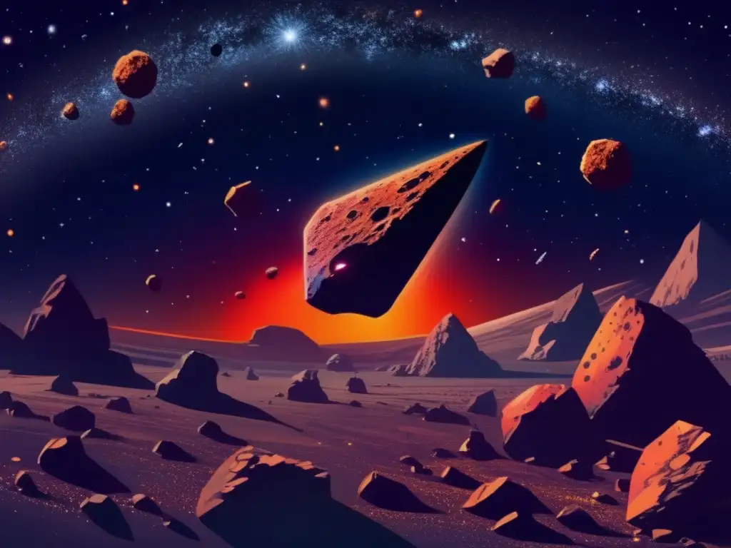 Estudio evolución asteroides impacto tecnología: Vista impresionante del espacio exterior con asteroides flotando en la oscuridad