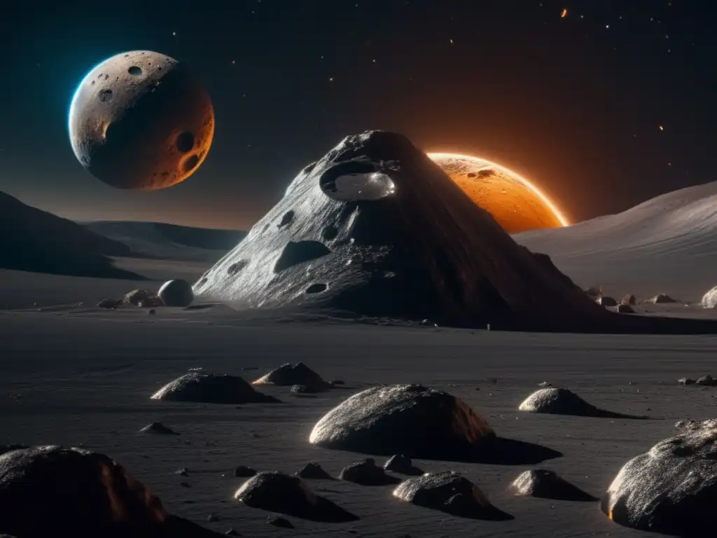 Estudio de asteroides como recursos: imagen impresionante de nave espacial cerca de asteroide gigante en el espacio