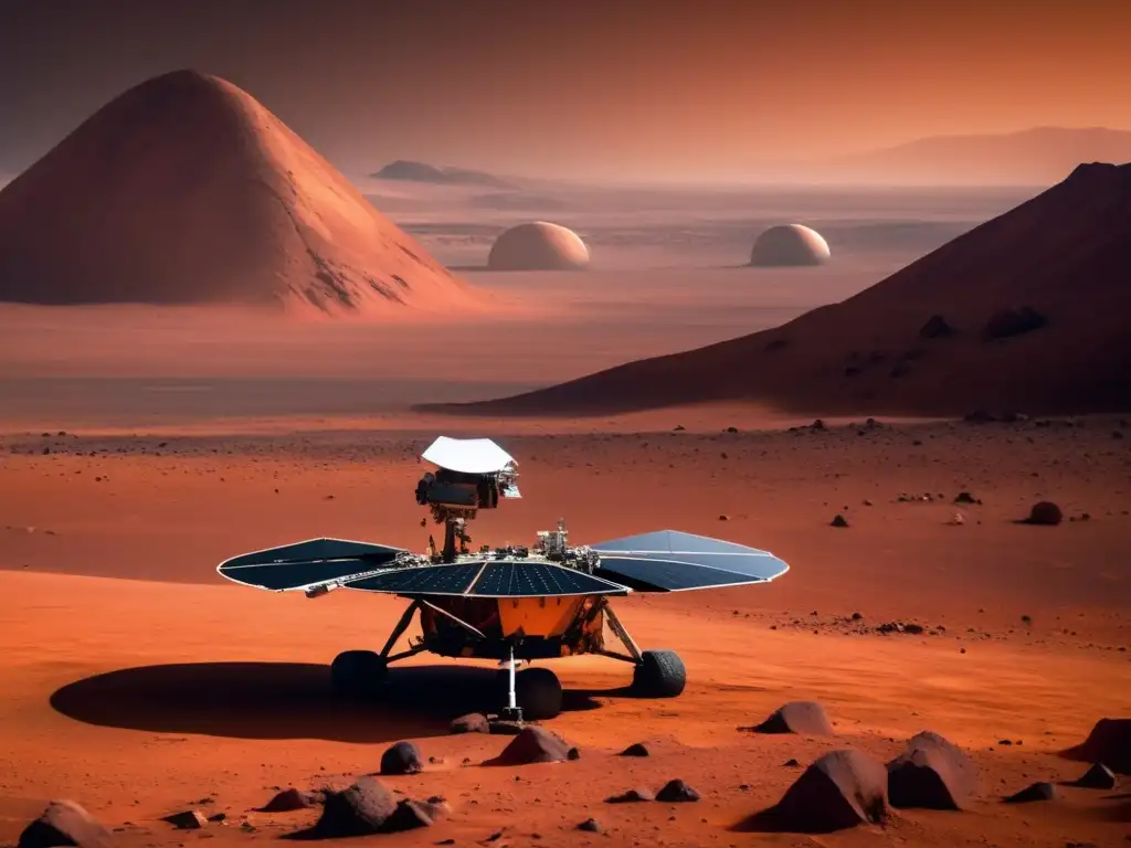 Estudio de meteoritos en Marte: paisaje marciano con la sonda InSight y montañas, suelo rojizo, sol brillante