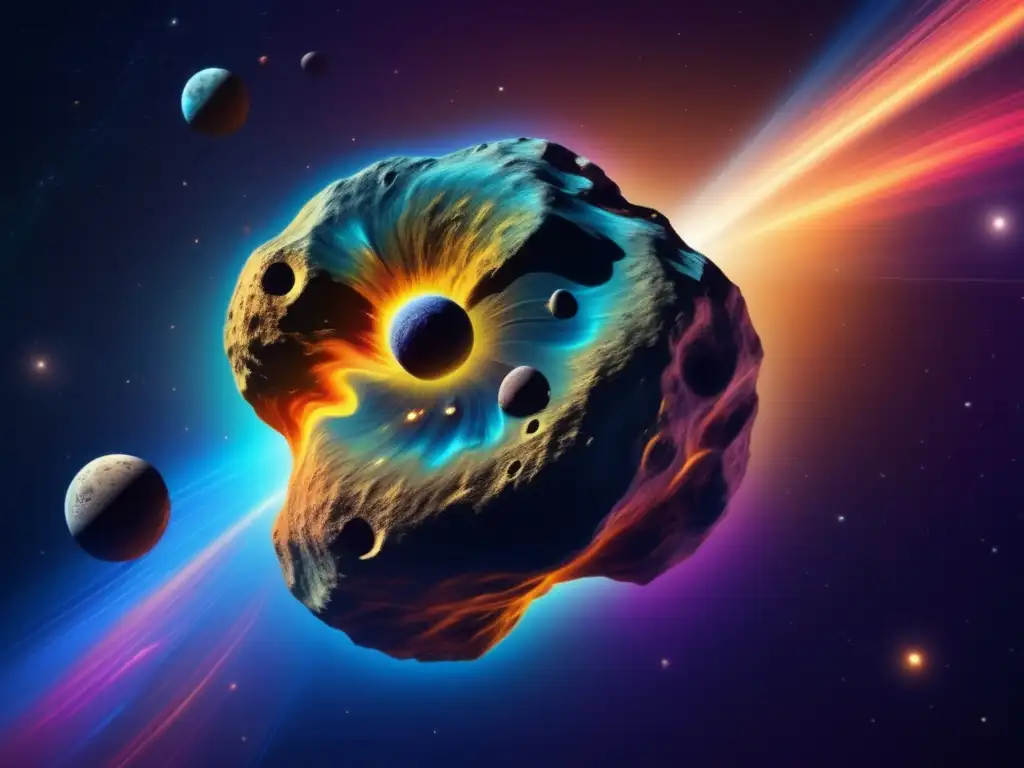 Estudio de objetos cambiantes en asteroides, imagen de asteroide en transformación con patrones y colores dinámicos