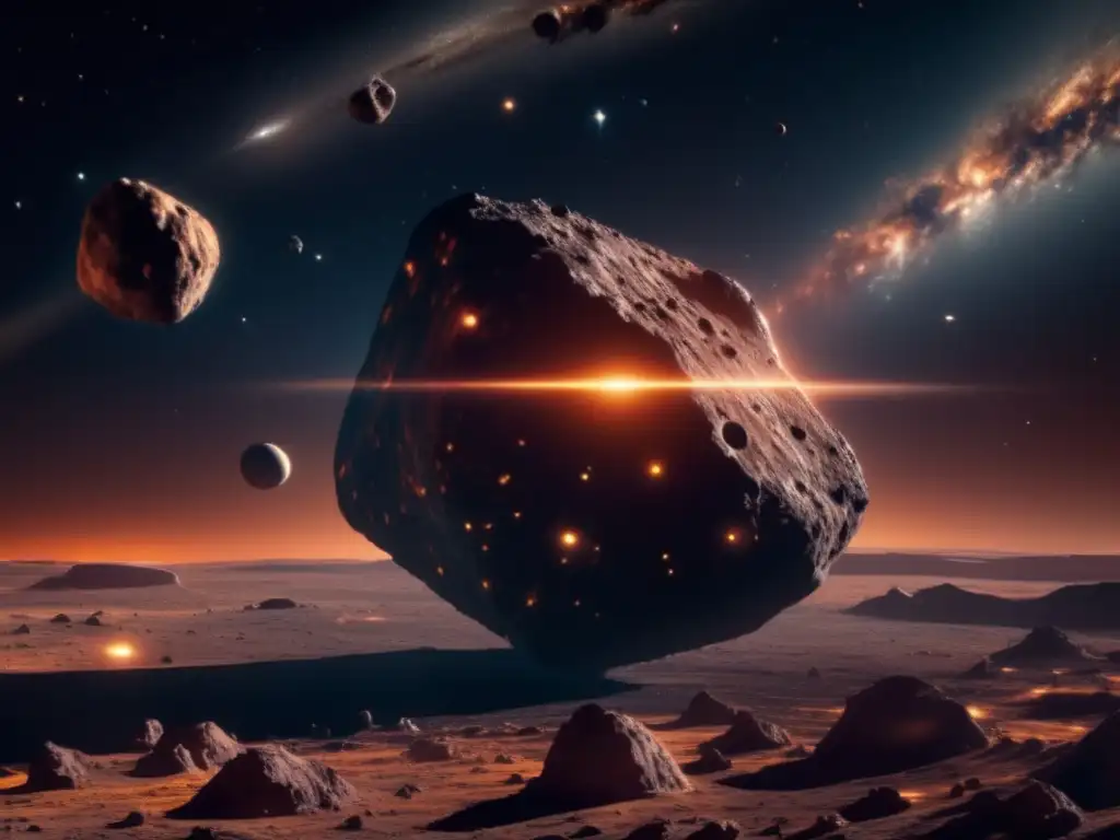 Estudio de objetos cambiantes en asteroides: Imagen 8K panorámica de un misterioso asteroide flotando en el espacio, iluminado por estrellas distantes