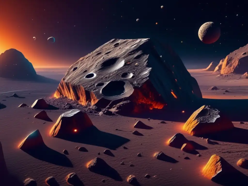 Estudios de composición de asteroides en misiones espaciales: Imagen detallada en 8k de un asteroide, revelando su superficie y elementos en una impresionante composición