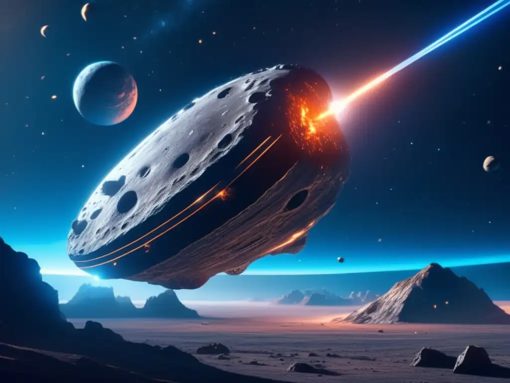 Estudios de composición de asteroides en misiones espaciales: Nave espacial futurista sobre asteroide colosal en el espacio