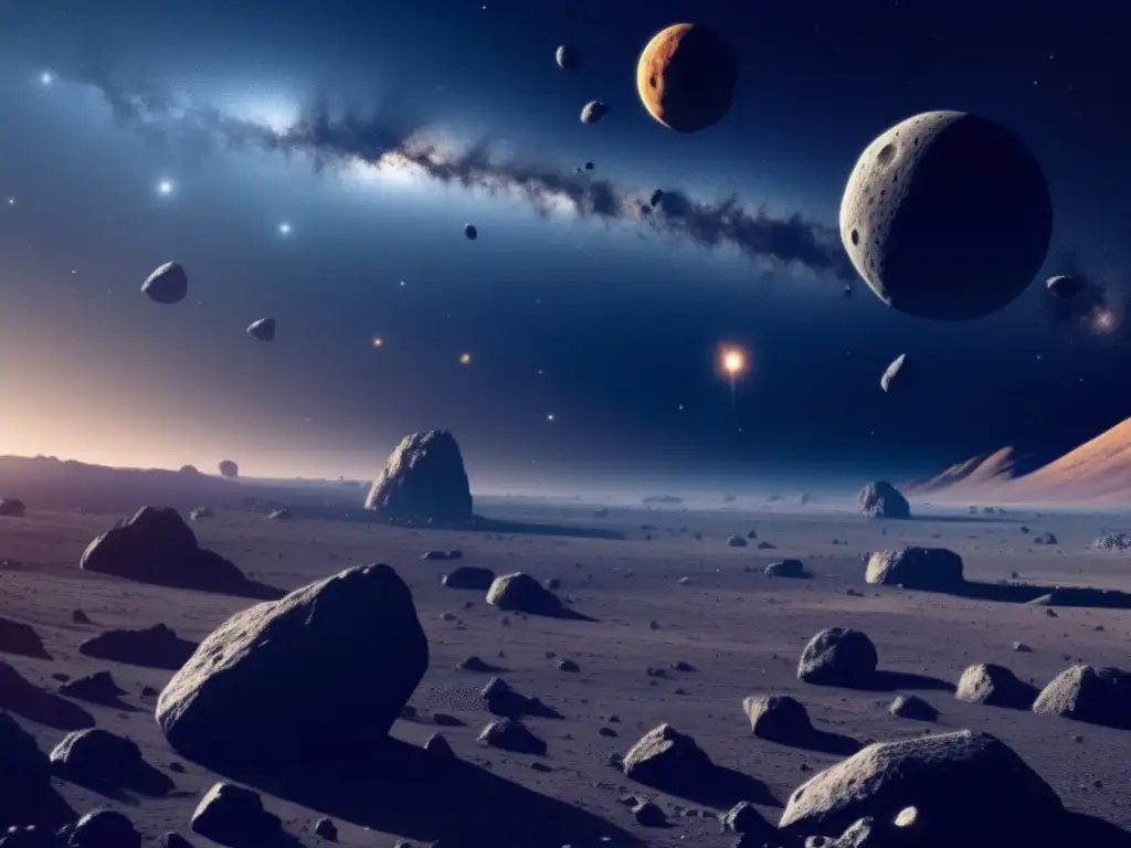 Estudios literarios representación amenaza cósmica: Asteroides fascinantes en el espacio, con variedad de tamaños, formas y colores