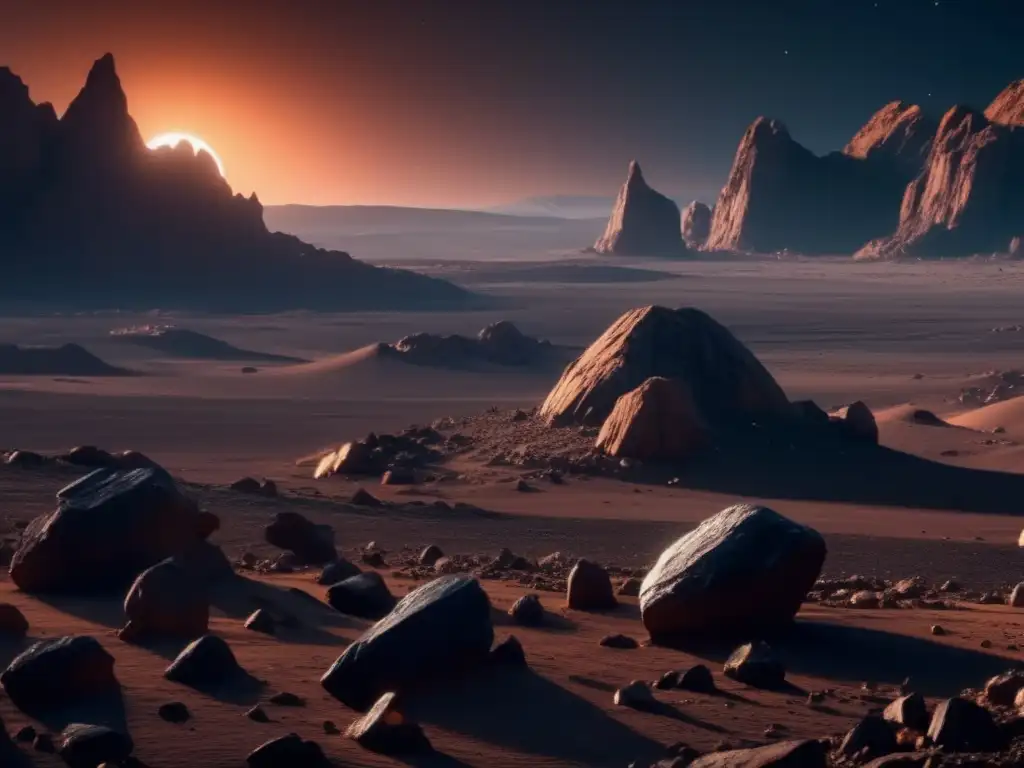 Ética en la colonización de asteroides, imagen asombrosa de 8k con paisaje desolado, rocas, acantilados y cielo estrellado