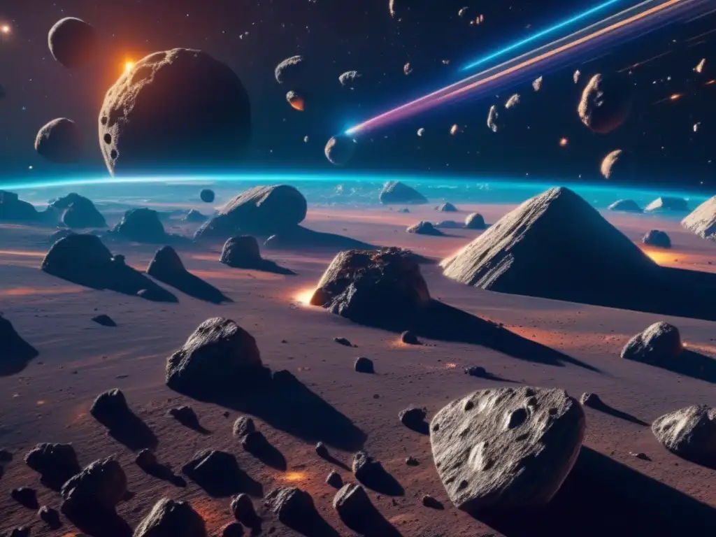 Ética en la colonización de asteroides: una imagen impactante de un campo vasto de asteroides en el espacio, con una sonda futurista cerca
