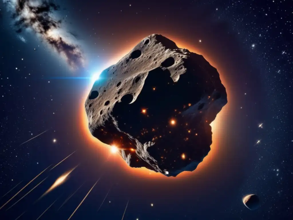 Ética en la colonización de asteroides: una imagen impresionante de un asteroide masivo en el espacio, con detalles intrincados de su superficie rugosa visibles