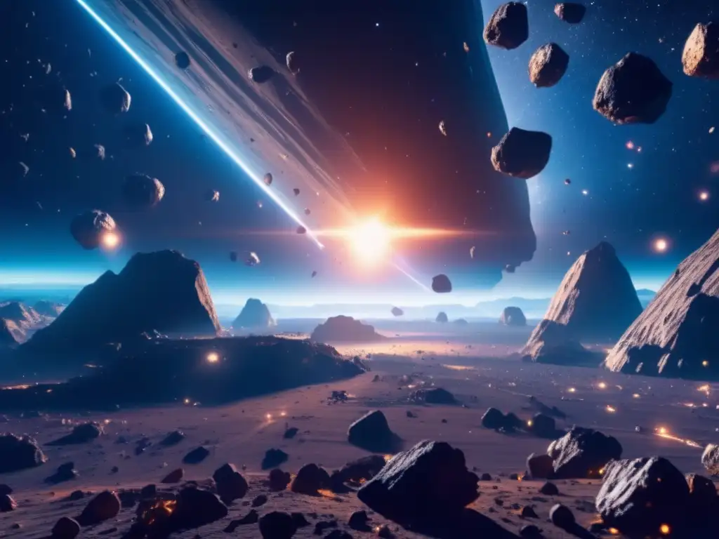 Ética en la explotación de asteroides: Impresionante imagen 8K muestra campo de asteroides con minas futuristas y nebulosa de colores