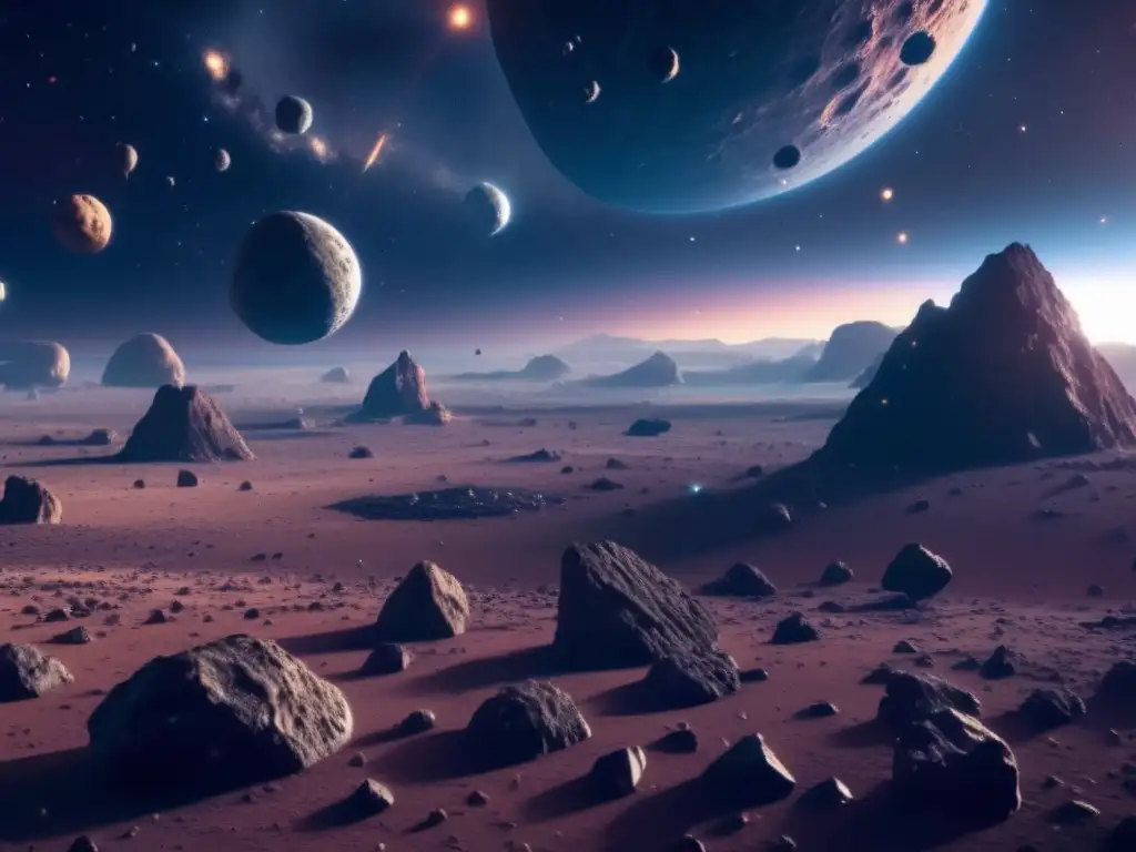 Ética en la explotación de asteroides: Impresionante imagen 8K de un campo de asteroides, con variedad de tamaños, formas y colores