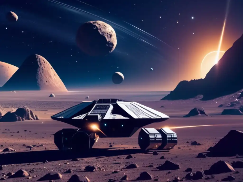 Ética espacial: minería asteroides, preservación cósmica - Vastedad del espacio, asteroides brillantes, nave futurista