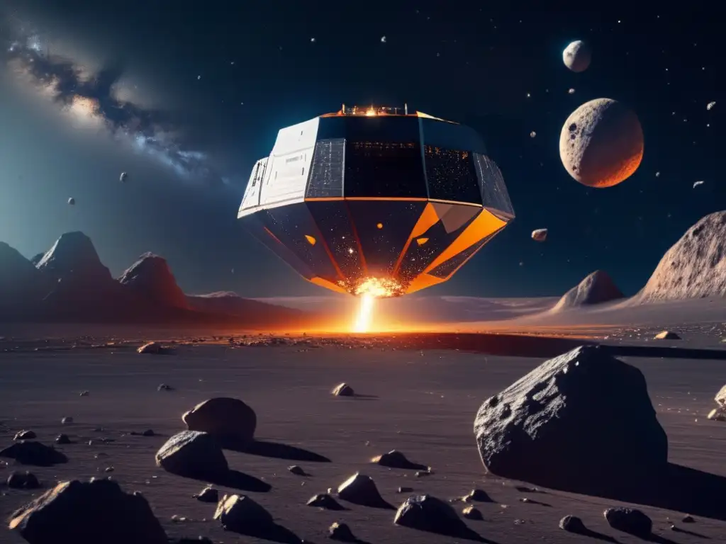 Ética de la minería de asteroides: Nave minera futurista extrae recursos en el espacio - 110 caracteres