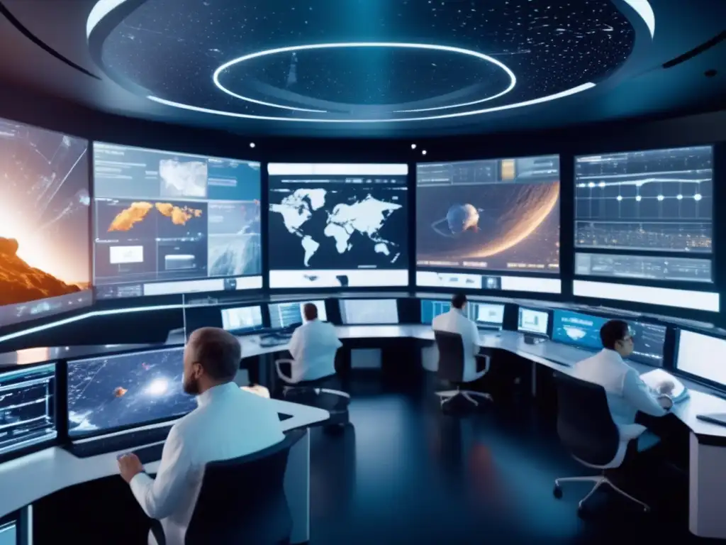 Evaluación de asteroides peligrosos con drones en control room hightech, científicos y ingenieros trabajando diligentemente