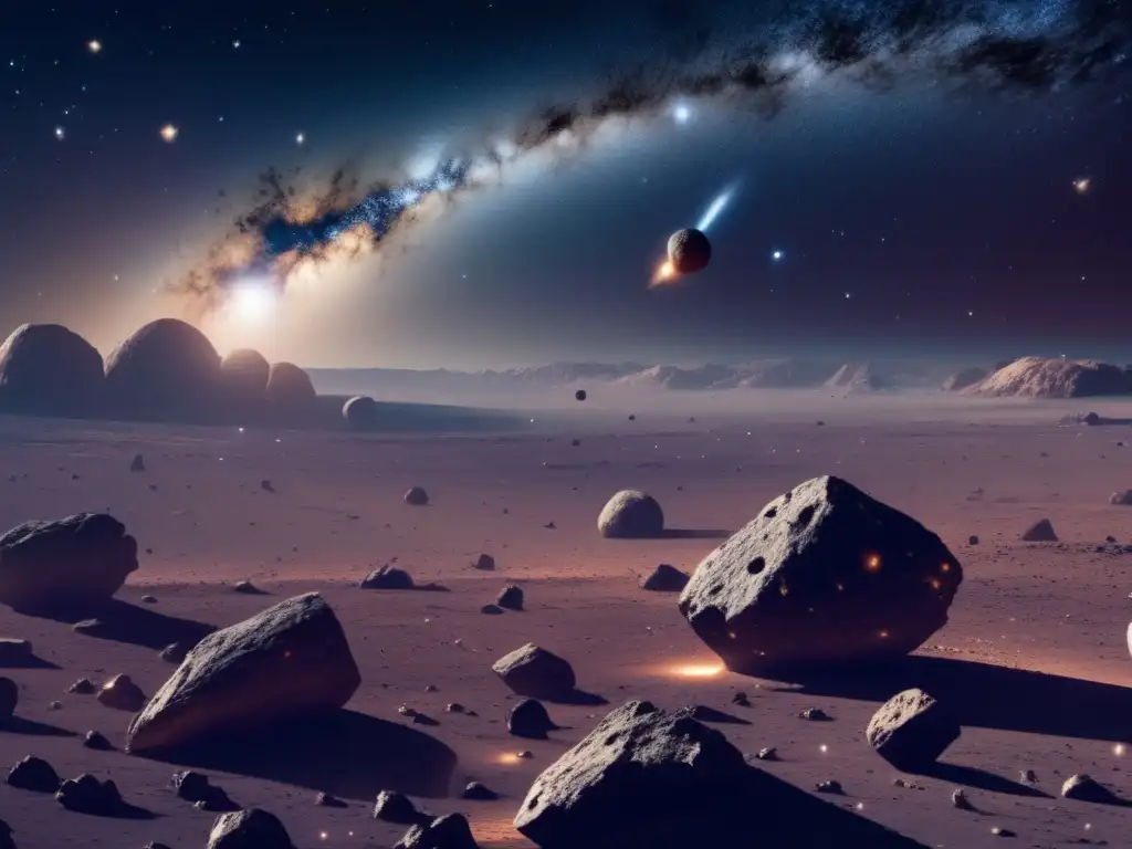 Evaluación riesgo colisión asteroides: Espacio estelar con asteroides y cuerpo celeste distante