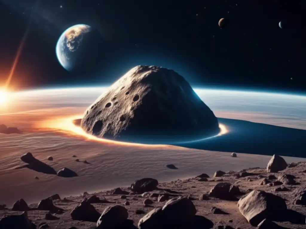 Evaluación riesgo colisión asteroides: impresionante imagen cinematográfica del espacio con asteroide gigante acercándose a la Tierra