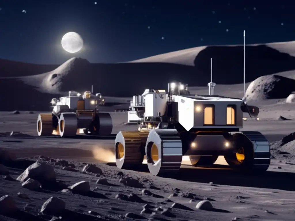 Excavadoras robóticas avanzadas en operación minera lunar, extraen Helio3 de la regolita, con Earthrise de fondo