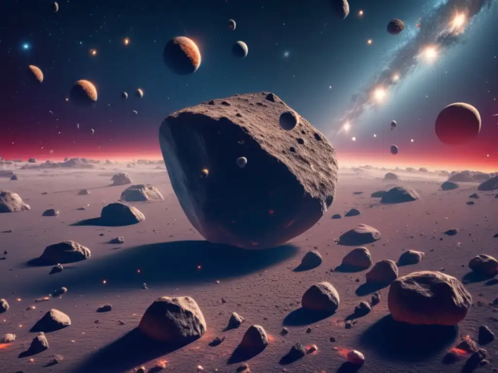 Expanse espacial con asteroides de diferentes tamaños y colores, estrellas brillantes, una nave y regulación de armas en asteroides