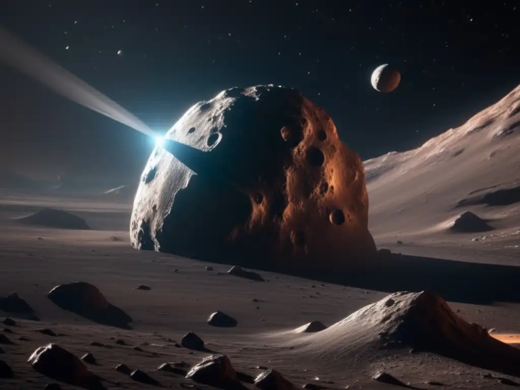 Financiamiento expediciones asteroides: Imagen asombrosa 8k ultradetallada muestra nave espacial cerca de asteroide colosal en el espacio